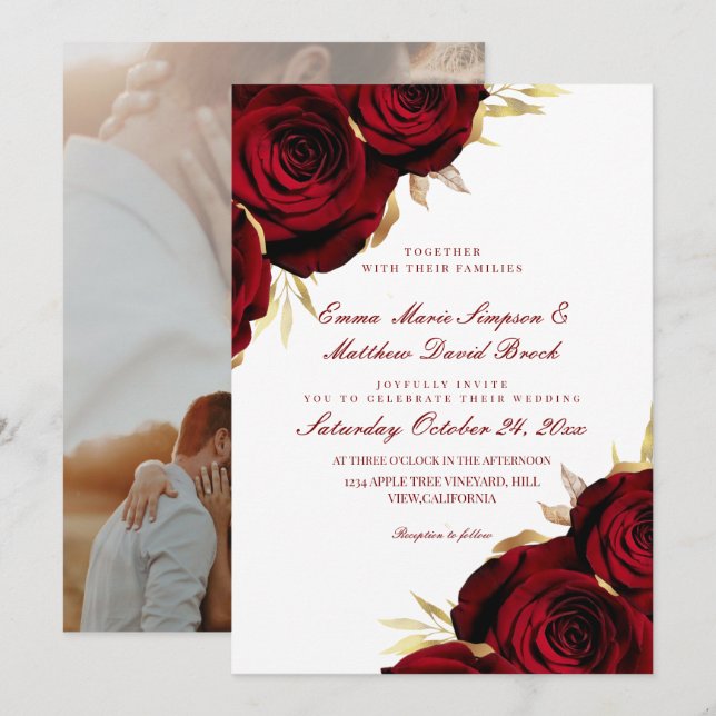 Invitación Romantic Rose Gold & Red Floral Wedding  (Anverso / Reverso)