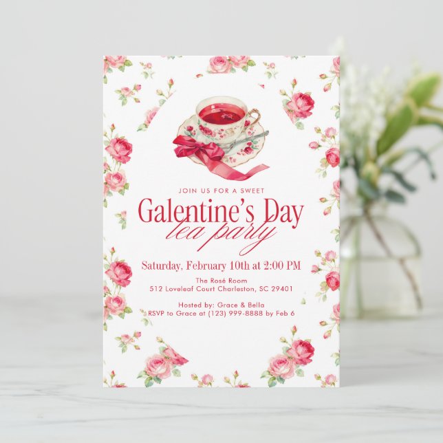 Invitación Romantic Rose Tea Cup Galentine’s Day Tea Party (Anverso de pie)