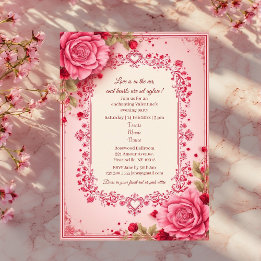 Invitación Romantic Roses Pink Heart Motifs Valentine Party