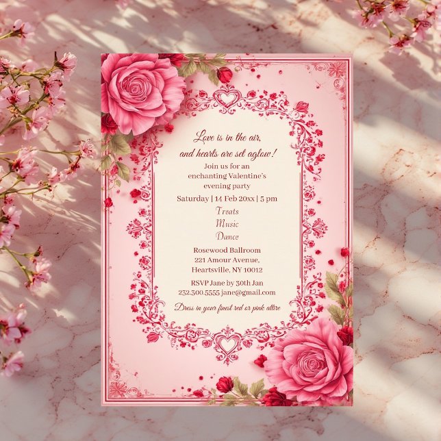 Invitación Romantic Roses Pink Heart Motifs Valentine Party  (Romantic Roses Pink Heart Motifs Valentine Party Invitation)