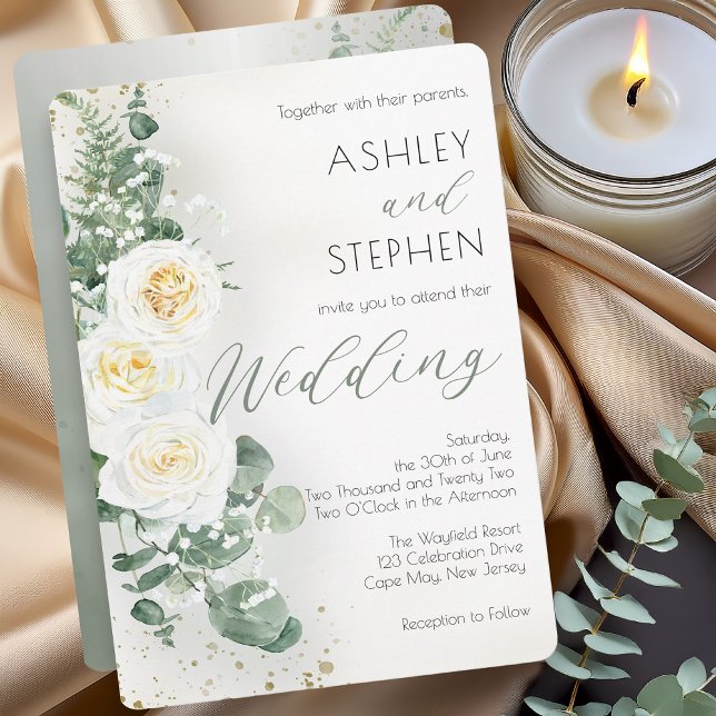Invitación Romantic Sage Green Floral Wedding Invitation (Soft romantic sage green wedding invitation with white rose bouquet and botanical greenery design)