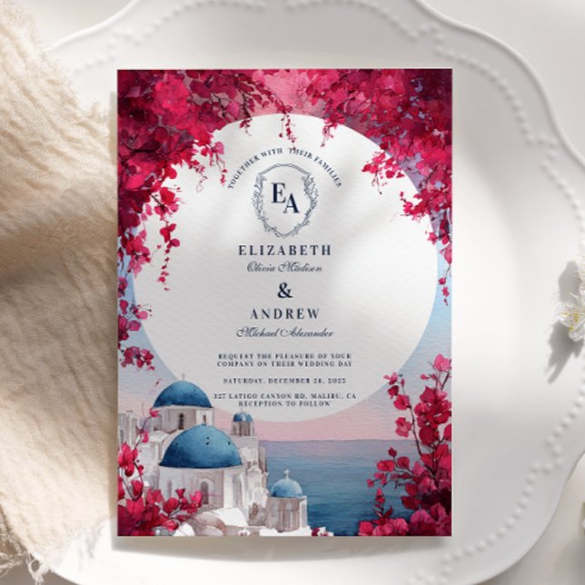 Invitación Romantic Santorini Sunset Bougainvillea (Subido por el creador)