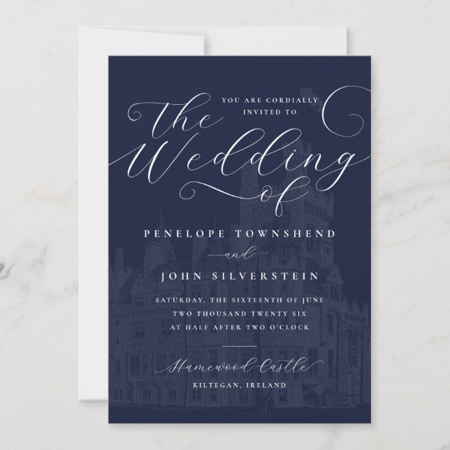 Invitación Romantic Script Navy Castle Illustration Wedding (Anverso)