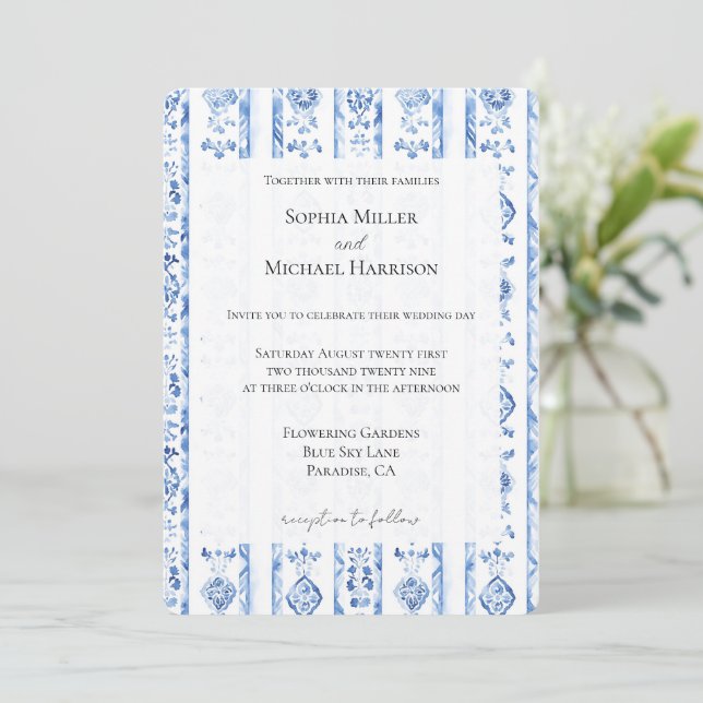 Invitación Romantic Sicily Italian Rustic Blue Stripe Wedding (Anverso de pie)
