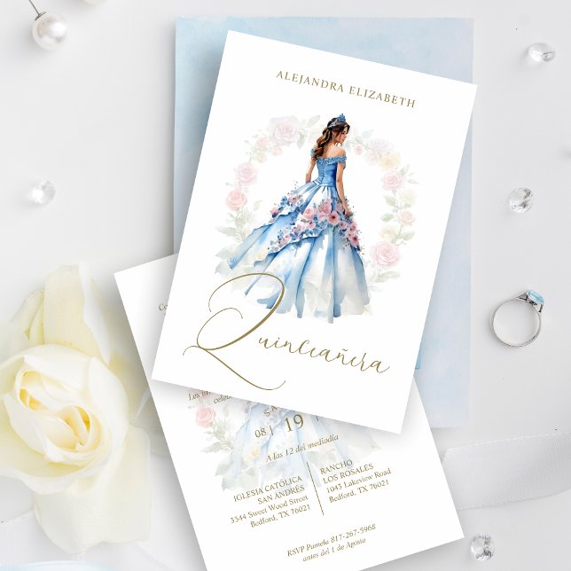 Invitación Romantic Spanish Quinceañera in Blue & Pink Shades (Celebrate the sweetness and elegance of fifteen with our Blue & Pink Toned Quinceañera Invitation! )