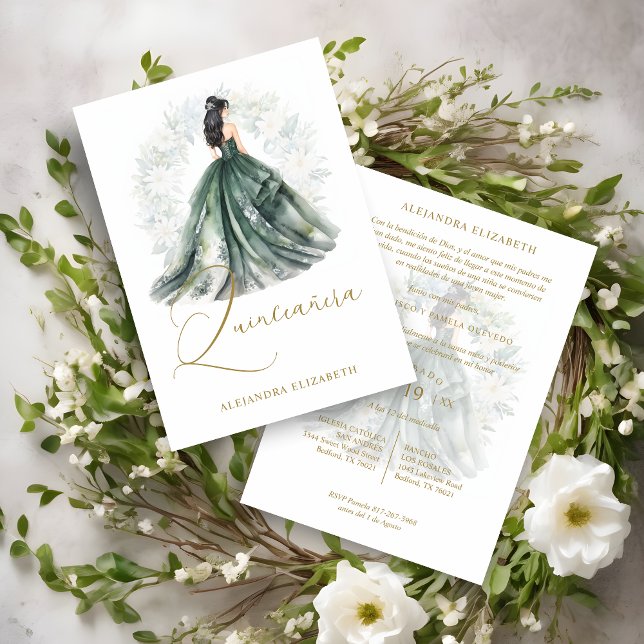 Invitación Romantic Spanish Quinceañera in Green & Golden  (Romantic Spanish Quinceañera in Green & Golden Invitation)