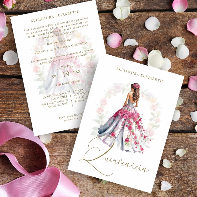 Invitación Romantic Spanish Quinceañera in Pink Shades  (Romantic Spanish Quinceañera in Pink Shades Invitation Card with Envelope. )