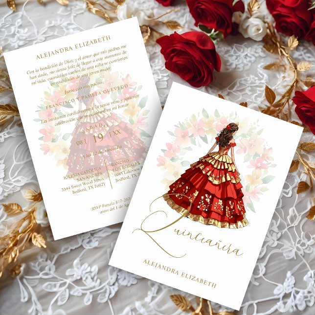 Invitación Romantic Spanish Quinceañera in Red & Golden  (Romantic Spanish Quinceañera in Red & Faux Golden Shades Invitation Card with Envelope.)