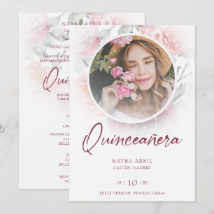 Invitación Romantic Spanish Quinceañera Photo Floral in Pink