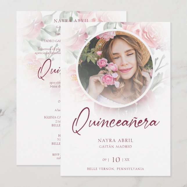 Invitación Romantic Spanish Quinceañera Photo Floral in Pink (Anverso / Reverso)