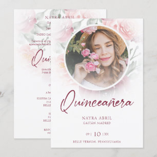 Invitación Romantic Spanish Quinceañera Photo Floral in Pink