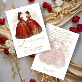 Invitación Romantic Spanish Quinceañera Twins Red & Golden 