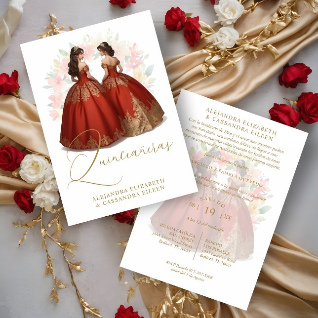 Invitación Romantic Spanish Quinceañera Twins Red & Golden  (Romantic Spanish Quinceañera Twins Red & Golden Invitation.)