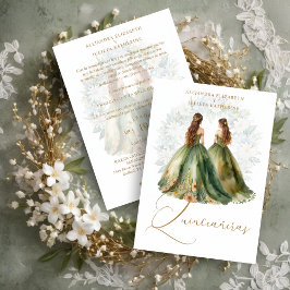 Invitación Romantic Spanish Quinceañeras Twins Green Shades