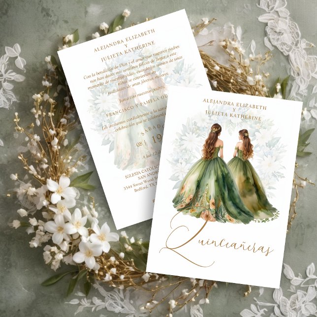 Invitación Romantic Spanish Quinceañeras Twins Green Shades (Romantic Spanish Quinceañeras Twins in Green and Brown Shades Invitation Card with Envelope. )