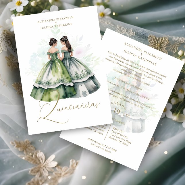 Invitación Romantic Spanish Quinceañeras Twins Green Shades (Romantic Spanish Quinceañeras Twins in Green Shades Invitation Card with Envelope.)