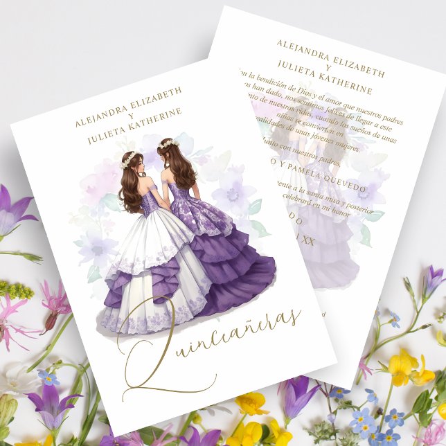 Invitación Romantic Spanish Quinceañeras Twins Purple Shades (Romantic Spanish Quinceañeras Twins in Purple Shades Invitation Card with Envelope. )