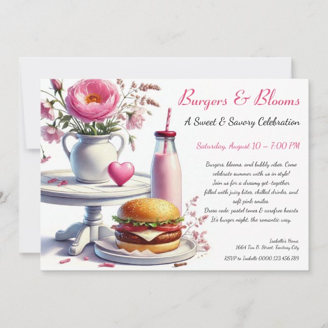 Invitación Romantic Summer Party Watercolor Burger & Pink  (Anverso)