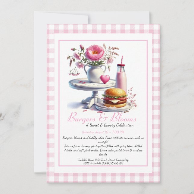 Invitación Romantic Summer Party Watercolor Burger & Pink  (Anverso)