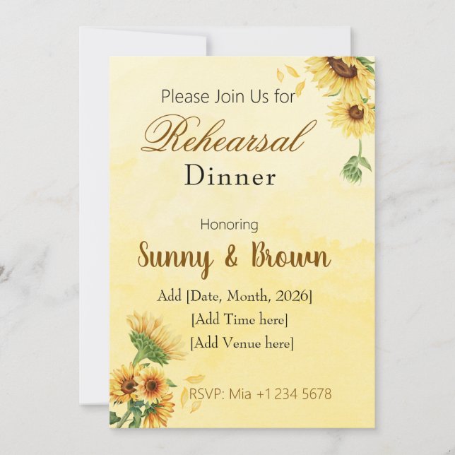 Invitación Romantic Sunflower Rustic Yellow Rehearsal Dinner (Anverso)