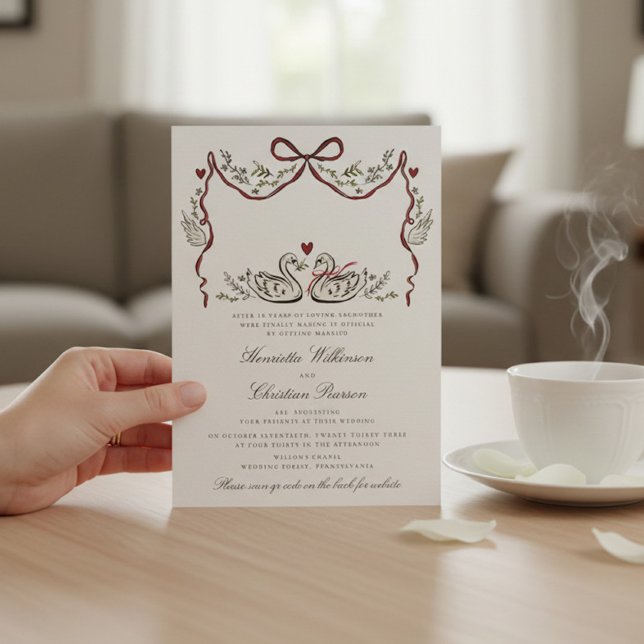 Invitación Romantic Swans with Hearts Woodland Wedding Card (Subido por el creador)