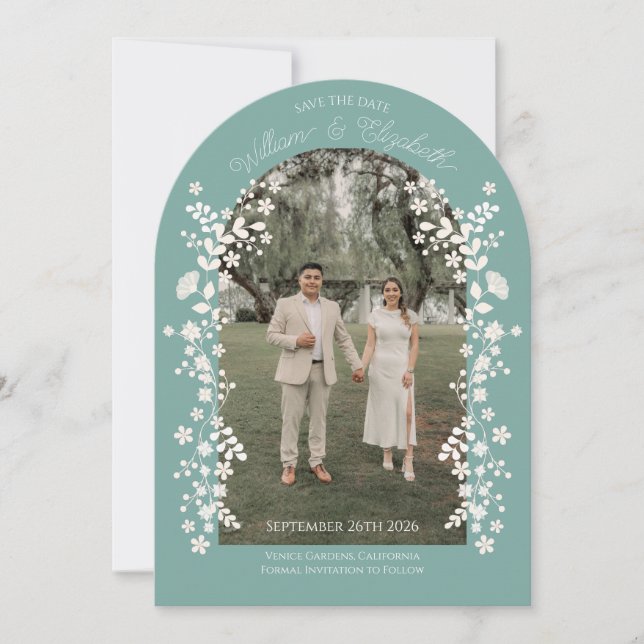 Invitación Romantic Teal Eucalyptus Floral Arch Save the Date (Anverso)