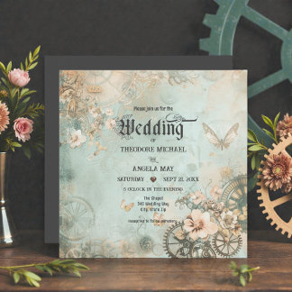 Invitación Romantic Teal Steampunk Gears Wedding Invitation