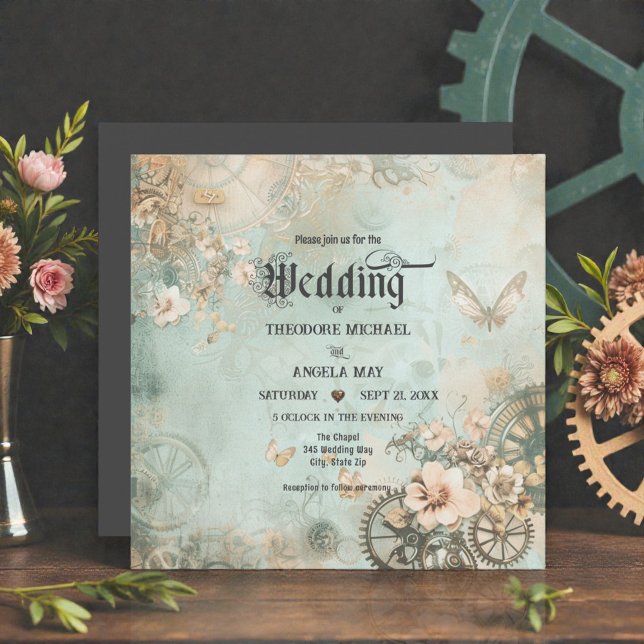 Invitación Romantic Teal Steampunk Gears Wedding Invitation (Subido por el creador)