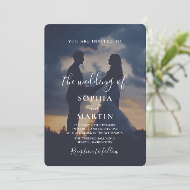 Invitación Romantic Twilight Silhouette Photo Script Wedding  (Anverso de pie)