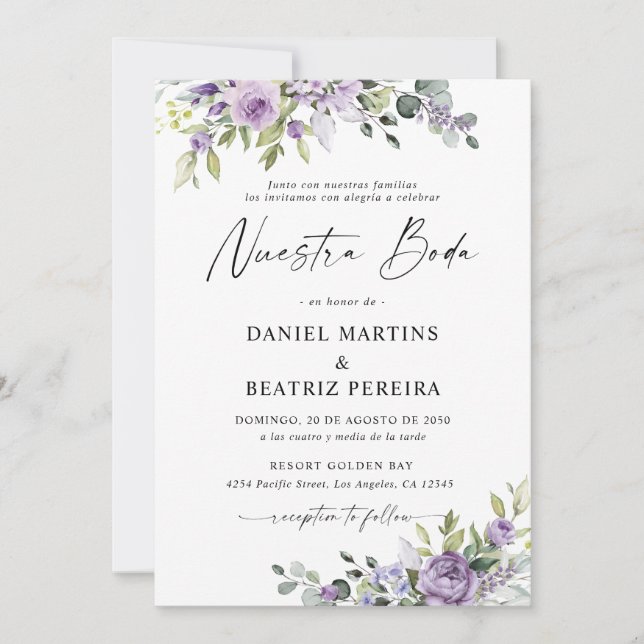 Invitación Romantic Violet Flowers Wedding Reception (Anverso)