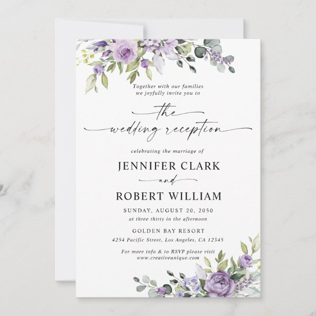 Invitación Romantic Violet Flowers Wedding Reception (Anverso)