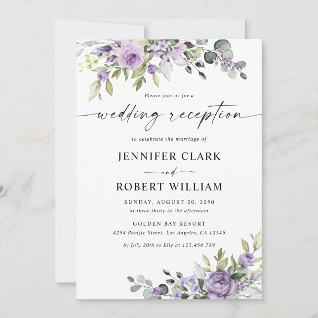 Invitación Romantic Violet Flowers Wedding Reception (Anverso)