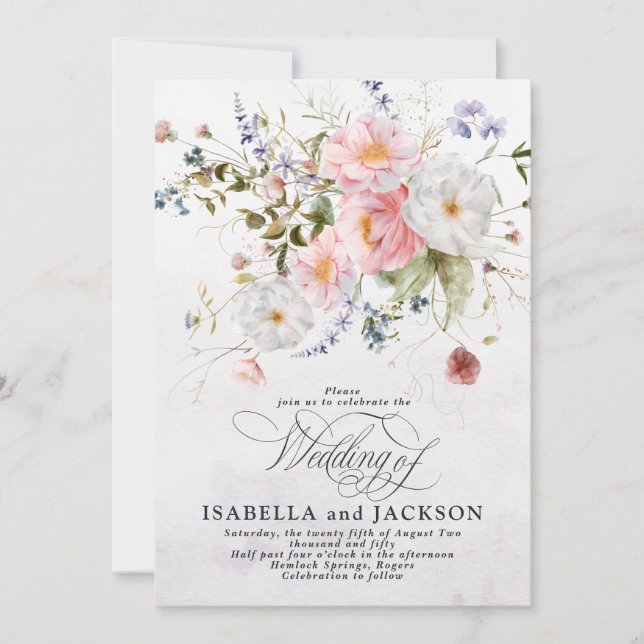Invitación Romantic Watercolor Pink and White Floral Wedding (Anverso)