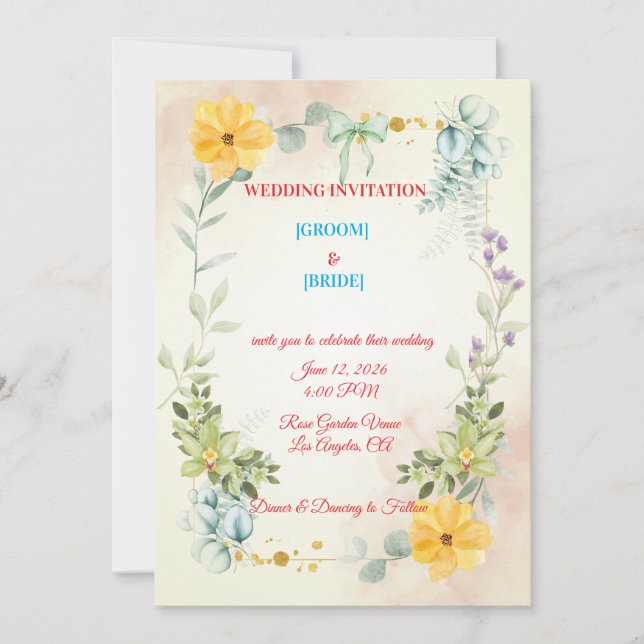 Invitación Romantic Watercolor Pink & Yellow Flower Wedding  (Anverso)