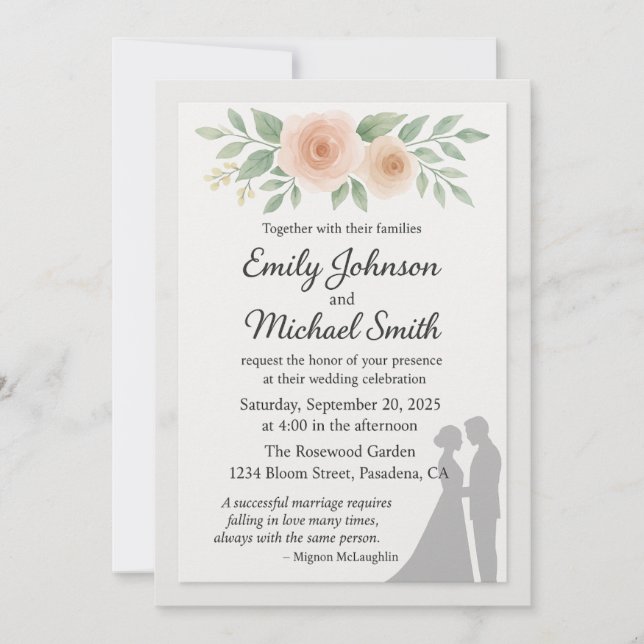 Invitación Romantic Wedding Quote with Couple and Flowers – E (Anverso)