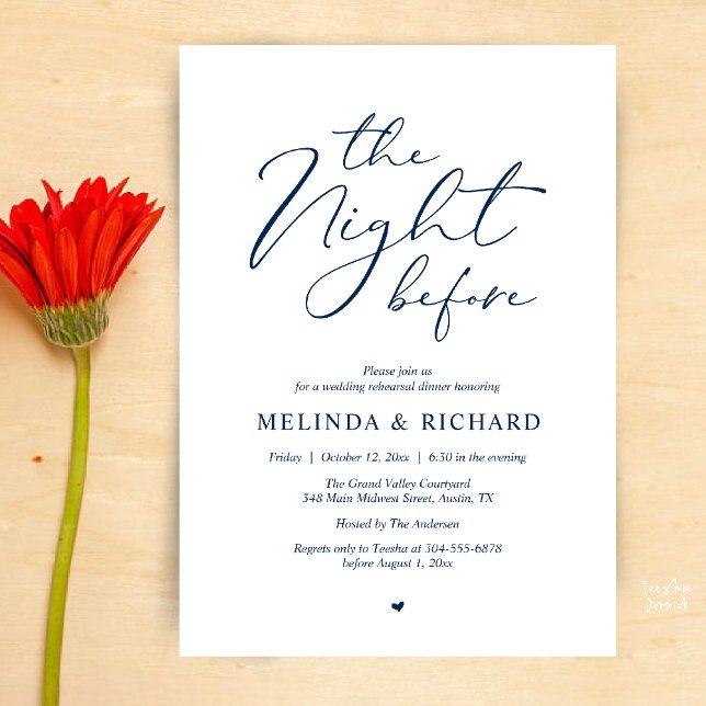 Invitación Romantic Wedding Rehearsal Dinner The Night Before (Modern Romantic Wedding Rehearsal Dinner The Night Before Forever Invites Card in Navy Blue)