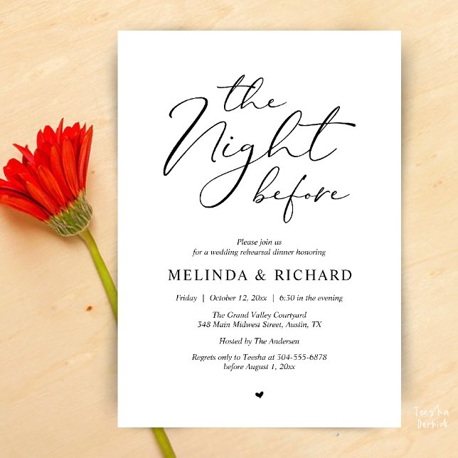 Invitación Romantic Wedding Rehearsal Dinner The Night Before (Modern Romantic Wedding Rehearsal Dinner The Night Before Invitation Card in Black and White)