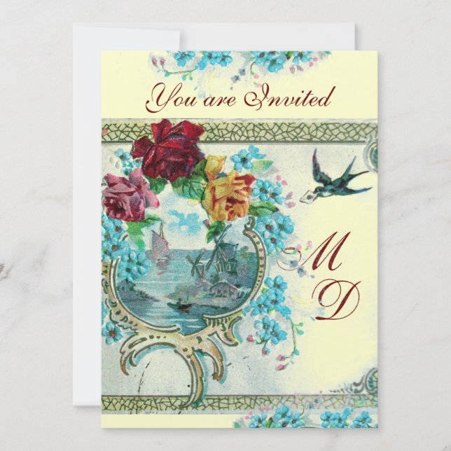 INVITACIÓN ROMANTİCA 3 ELEGANTE BODA AZUL DE ORO MONOGRAM (Anverso)