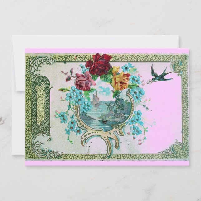 Invitación ROMÁNTICA 3 Floral Azul Rosa Fiesta de Boda (Anverso)