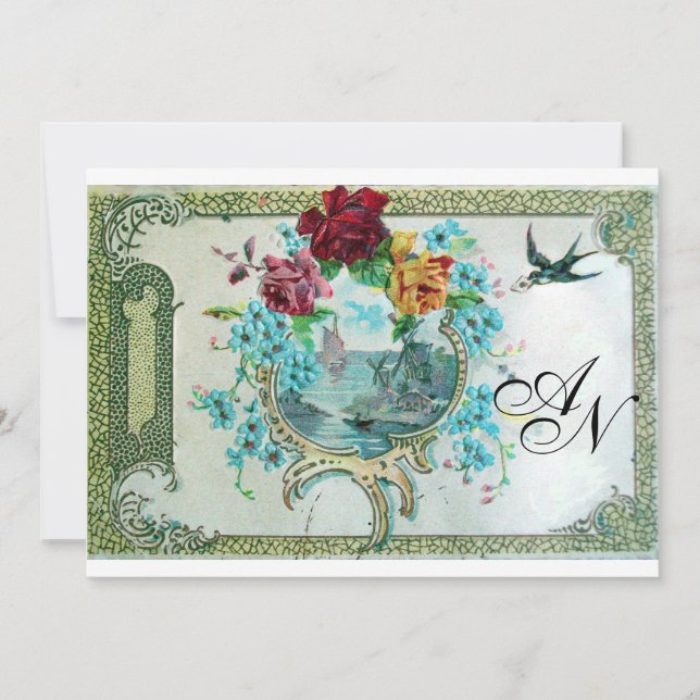 Invitación ROMANTİCA 3 MONOGRAM,Partido de la Boda Blanca Azu (Anverso)