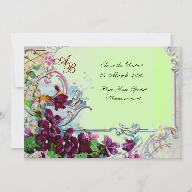 Invitación ROMANTICA 4 MONOGRAM, Partido de la Boda Verde Púr (Anverso)