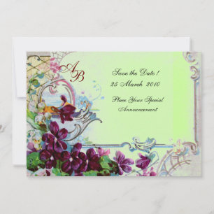 Invitación ROMÁNTICA 4 MONOGRAMA, Fiesta de Boda Verde Púrpur