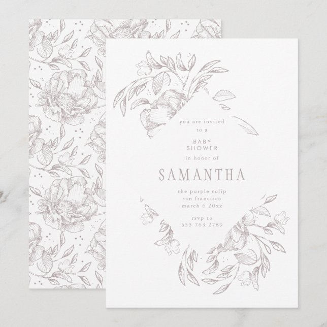 Invitación romántica a Baby Shower con flores de d (Anverso / Reverso)