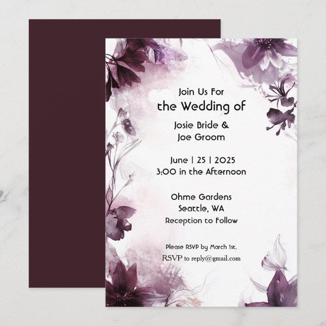 Invitación romántica a la boda de una flor silvest (Anverso / Reverso)