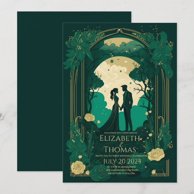 Invitación romántica a la boda Esmeralda Verde y O (Anverso / Reverso)