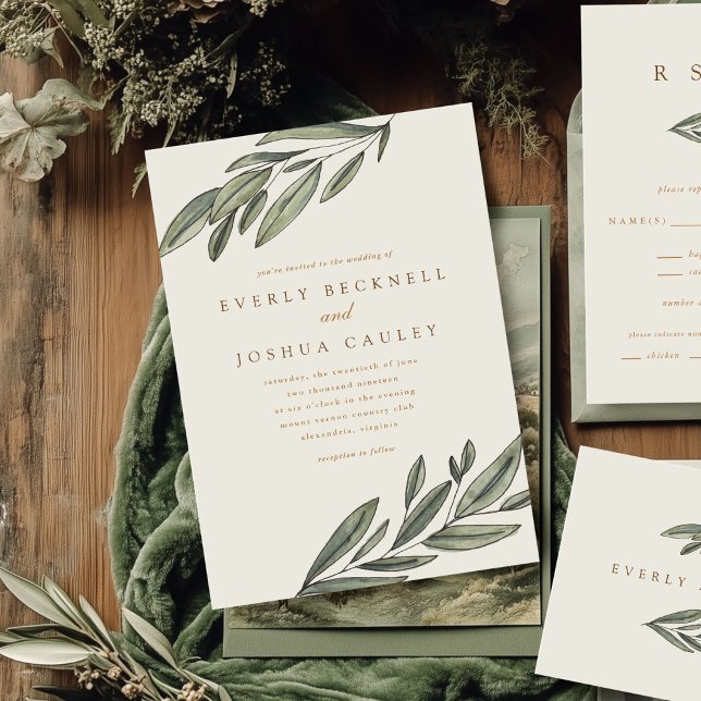 Invitación romántica a la boda evergreen (Romantic Evergreen watercolor botanical wedding invitations)