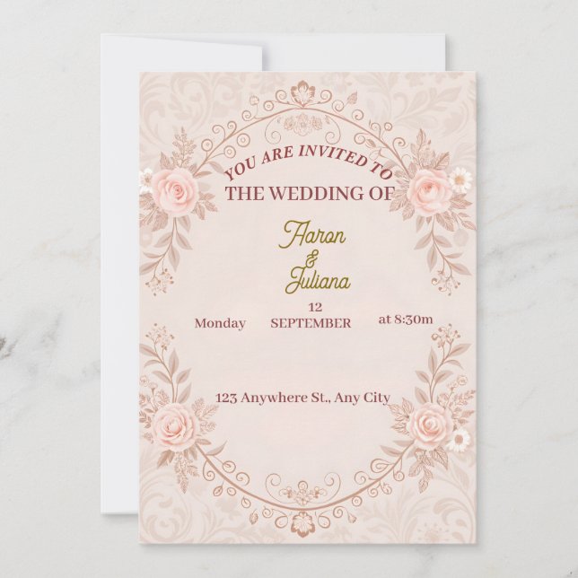 Invitación romántica a la boda floral rosa de Rubo (Anverso)
