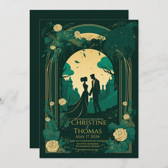Invitación romántica a la boda verde esmeralda y o (Anverso / Reverso)