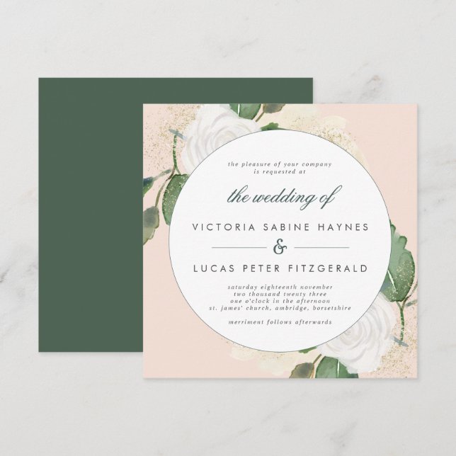 Invitación romántica a la boda verde y Rubor (Anverso / Reverso)
