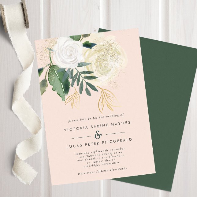 Invitación romántica a la boda verde y Rubor (Subido por el creador)
